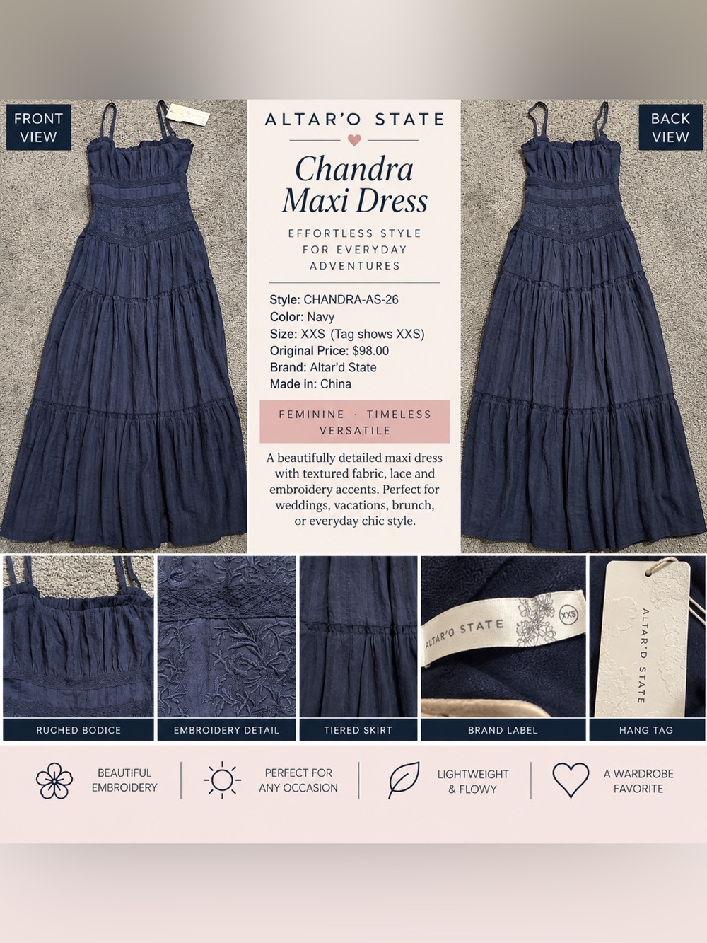 Altar’d State Chandra Navy Embroidered Tiered Maxi Dress XXS NWT
